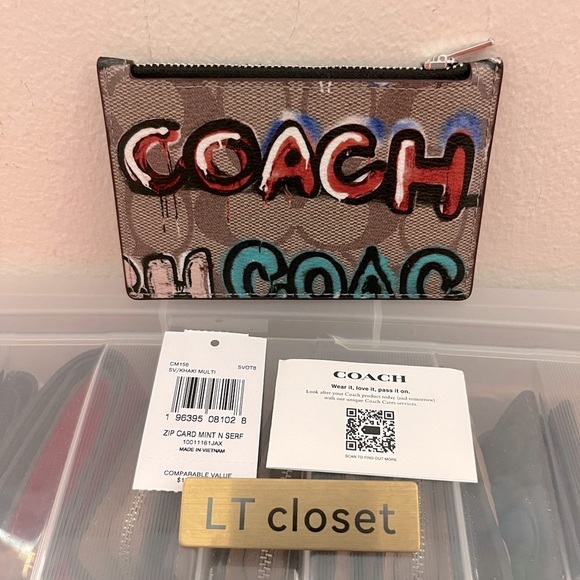 NWT coach Coach X Mint + Serf Zip Card Case In Signature Canvas CM158 - Picture 3 of 5